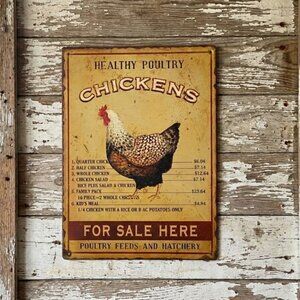 Vintage Style Chicken Metal Sign Farmhouse Decor Poultry Feed & Hatchery Country